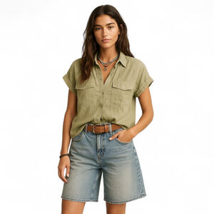 Abercrombie Camp Linen Short Sleeve Shirt Earthy Neutral Green Button Up Sz S